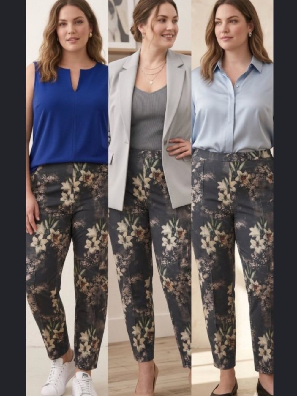 Joseph Ribkoff Floral Print Stretch Pants Charcoal Lily Size 22